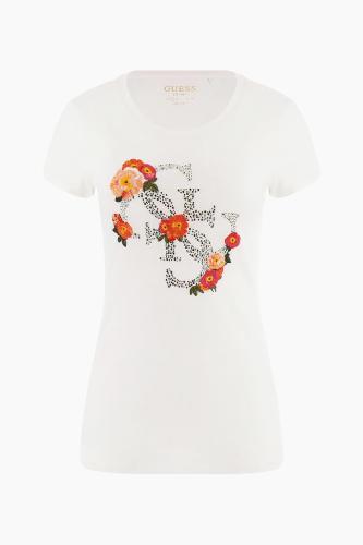 Guess γυναικείο T-shirt βαμβακερό με floral σχέδιο και logo print - W4RI08KA0Q1 Λευκό